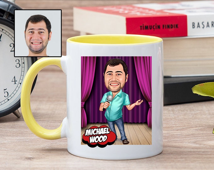 Karaoke Cartoon Mug, Funny Karaoke Gifts for Men, Karaoke Lover Gift, Karaoke Tea Cup, Male Karaoke Caricature Mug, People Who Like to Sing