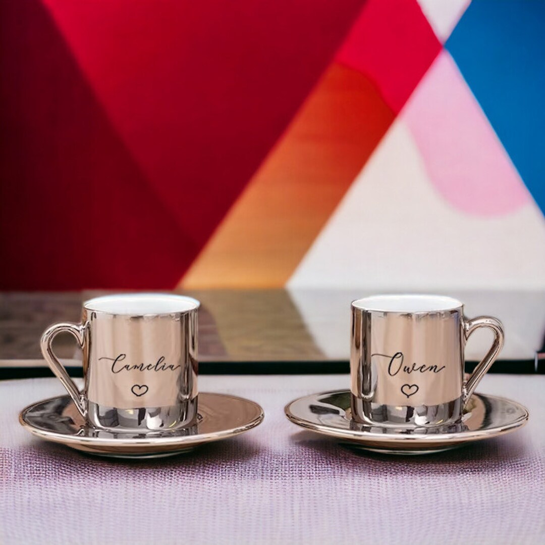 Personalized Silver Espresso Cup and Saucer Set of 2, Ceramic Design