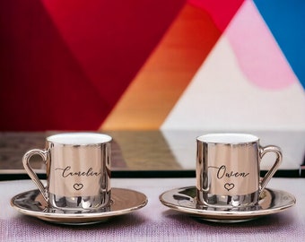 Personalized Silver Espresso Cup and Saucer Set Of 2, Ceramic Design Silver Espresso Cup Set, Couple Espresso Cup, Turkish Coffee Cup Set