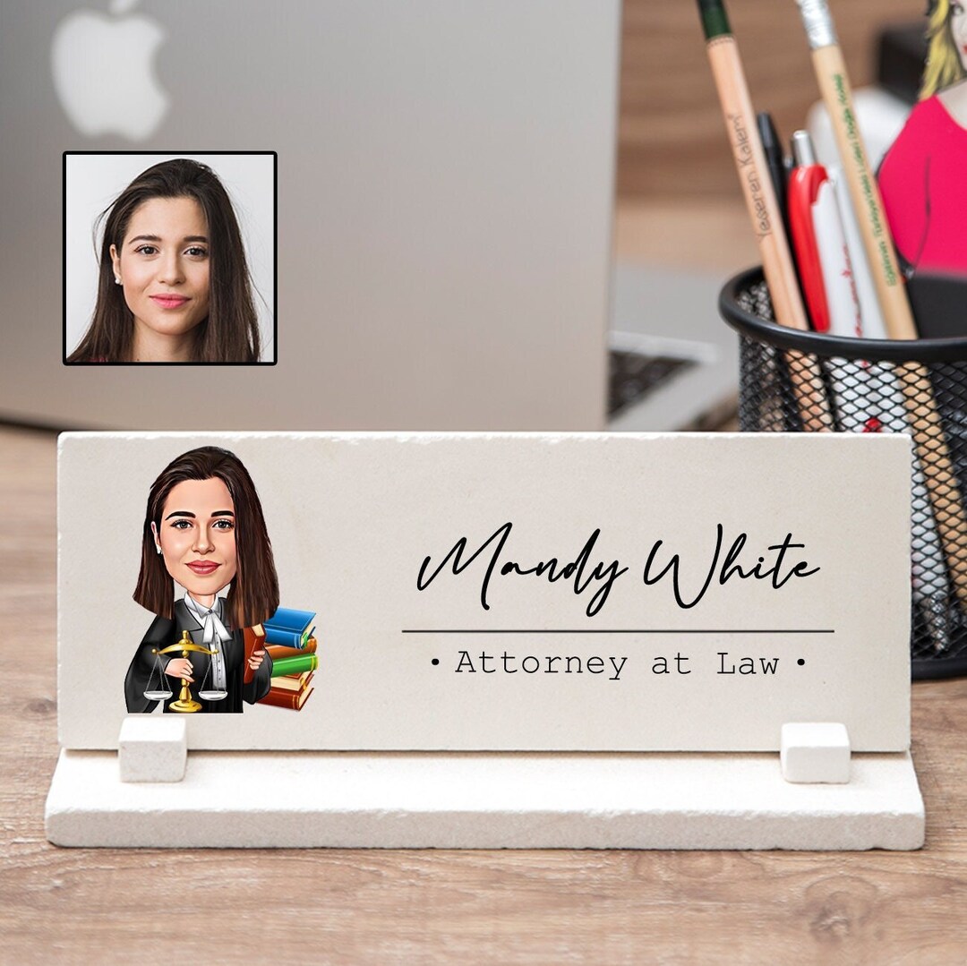 Lawyer Desk Name Plate for Women With Caricature, Female Attorney Desk