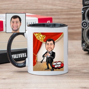 Clarinet Cartoon Mug, Funny Clarinet Player Gift for Men, Clarinet Lover, Clarinet Tea Cup, Clarinet Caricature Mug, Clarinet Themed Gift
