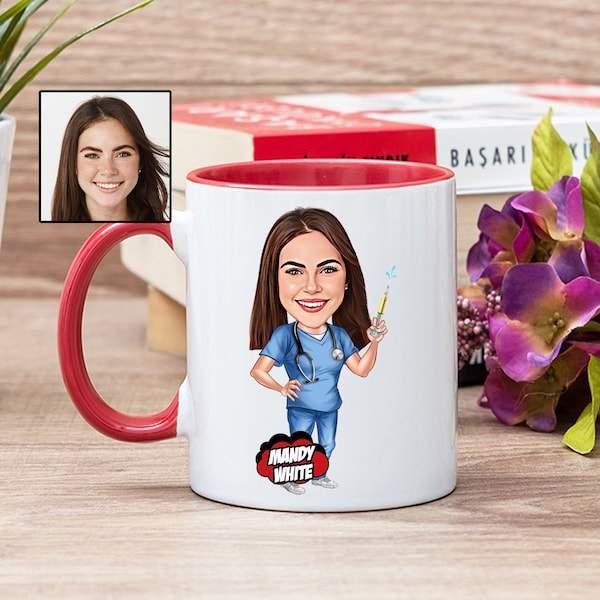 Female Anesthesiologist Coffee Mug with Caricature from Photo, Funny Anesthesia Gift for Women with Cartoon, CRNA Gift, Anesthesiology Gift