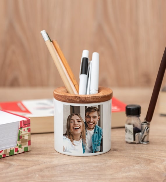 Personalized Photo Pen Holder for Desk Photo Pen Pot Ceramic Pencil Cup Custom Picture Pencil Storage Pot With Wooden Lid Etsy