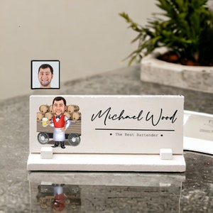 Bartender Desk Sign, Funny Bartender Gift for Men, Bartender Cartoon Desk Nameplate, Bartender Caricature Desk Decor, Bartender Plaque