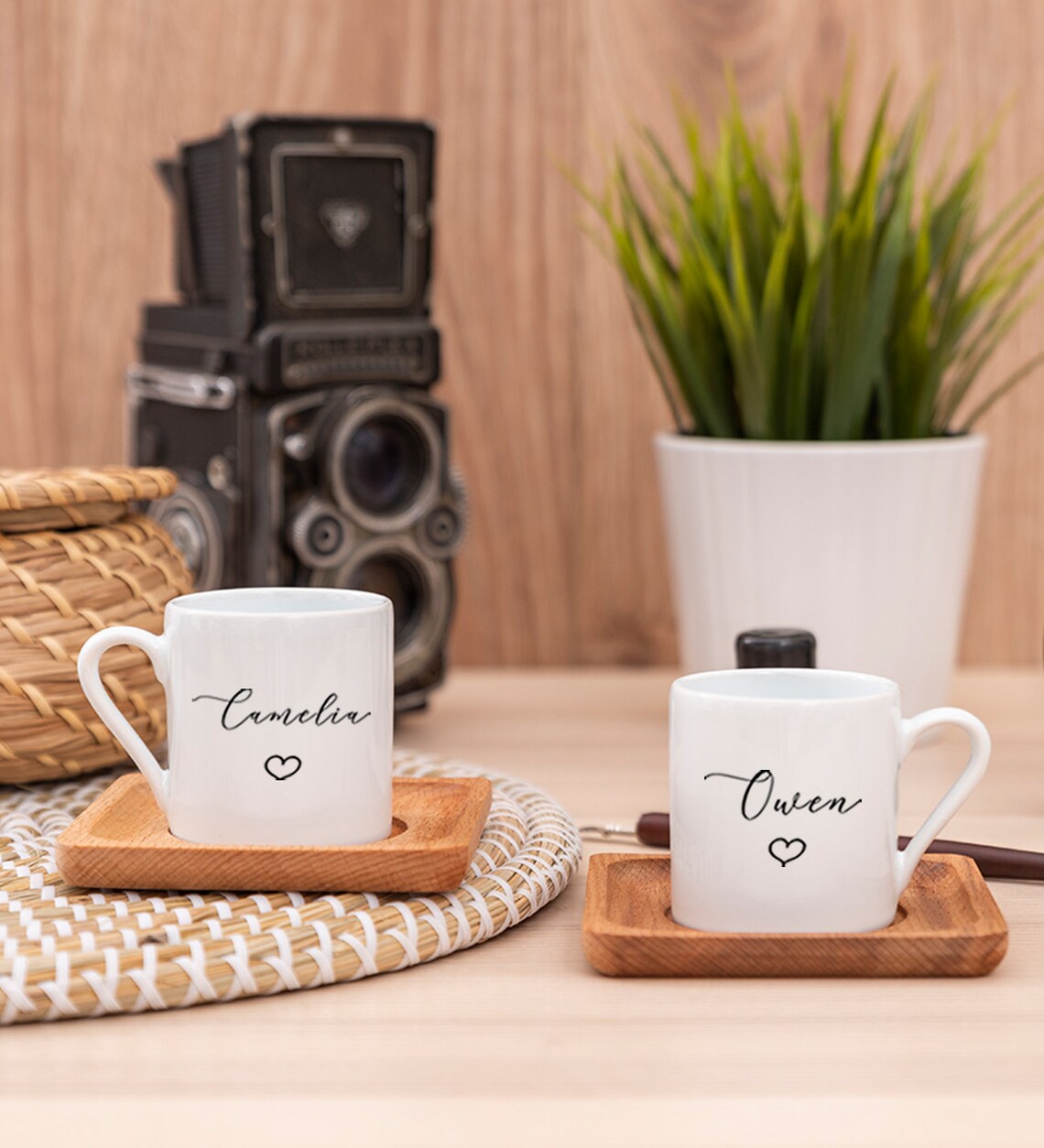 Personalized Espresso Cup Set of 2 With Wooden Saucer Custom Etsy
