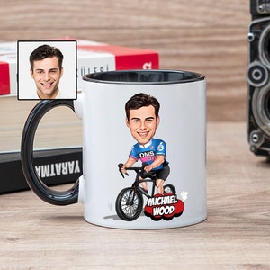 Cyclist Coffee Mug with Caricature from Photo, Funny Cyclist Gift for Men, Bicycle Rider Mug, Bike Gift for Him, Custom Bicycle Theme Gifts