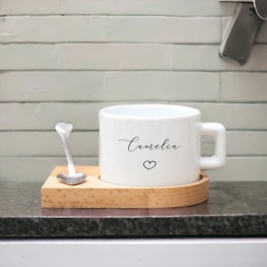 3 pcs Personalized Tea Cup with Wooden Saucer, Custom Tea Cup Saucer and Spoon, Custom Name Tea Cup and Saucer Set, Alphabet Tea Cup