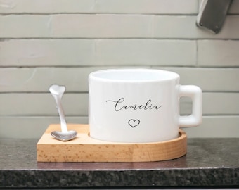 3 pcs Personalized Tea Cup with Wooden Saucer, Custom Tea Cup Saucer and Spoon, Custom Name Tea Cup and Saucer Set, Alphabet Tea Cup
