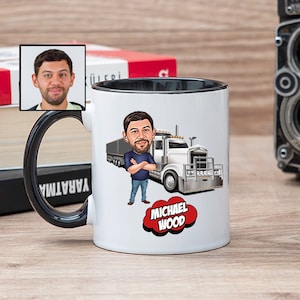 Custom Truck Driver Mug with Cartoon, Truck Driver Dad Gift for Fathers Day, Trucker Gift for Men, Trucker Retirement Gift, Trucker Grandpa