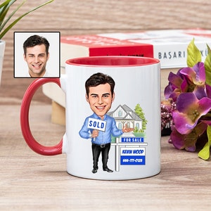 Taza de café de agente inmobiliario masculino con caricatura de la foto, regalo divertido de agente inmobiliario para hombres, regalo de agente inmobiliario masculino personalizado, regalo divertido de agente de ventas de bienes raíces