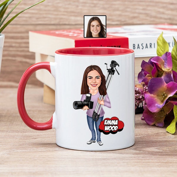 Custom Photographer Cartoon Coffee Mug, Photographer Tea Cup, Gift for Female Photographer, Funny Photographer Mug with Caricature