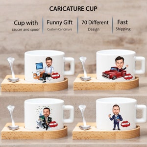 Custom Cartoon Mug from Photo, Funny Cup for Men with Saucer & Spoon,Personalized Caricature Coffee Mug for Dad, Boyfriend or Grandpa