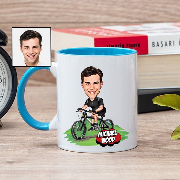Cyclist Mug with Cartoon from Photo, Bike Lover Gift for Men, Funny Bike Gift for Men, Bike Rider Caricature Coffee Mug, Bike Themed Gift