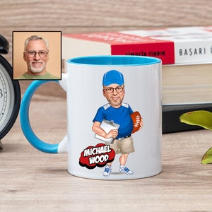 Rugby Coach Mug with Caricature, Funny Rugby Coach Gifts for Men, Rugby Coach Dad, Rugby Coach Birthday Gift Ideas, Rugby Coach Cup Gift