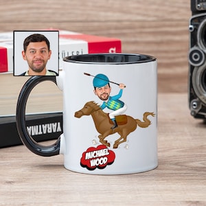 Paardenraces koffiemok met cartoon, aangepaste paardenraces cadeau voor mannen, grappige grap cadeau-ideeën, paardenraces minnaar cadeau, paardenraces thema