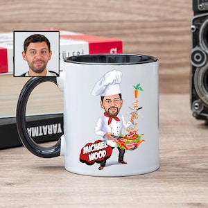 Chef-kok koffiemok met cartoon van foto, chef-kok cadeaus voor mannen, chef-kok gepersonaliseerd cadeau, chef-kok jongen, chef-kok papa cadeau, nieuwe chef-kok cadeau toekomstige chef-kok cadeau