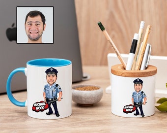 Lustiges Polizei-Geschenk-Set, Polizei-Kaffeebecher und Schreibtisch-Stifttopf, benutzerdefiniertes Polizei-Geschenk mit Cartoon, Strafverfolgungs-Karikatur-Geschenktasse