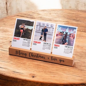 Custom Photo Desk Calendar with Engraved Wood Base as Christmas Gift for Girlfriend, Personalized 2025 Desk Calendar with Photo for Office