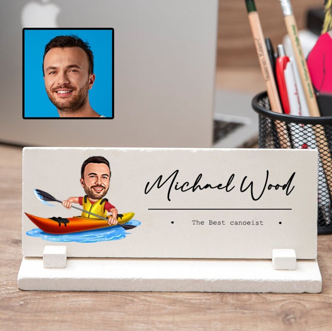 Canoe Caricature Desk Sign, Funny Canoeing Gifts for Men, Canoe Owner Gift, Canoe Desk Nameplate
