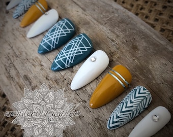 Boho Blues - 10pc | Bohemian Nails | Blue & Mustard Nails | Boho Nails | Geometric Nails | Reusable Nails | Press On Nails