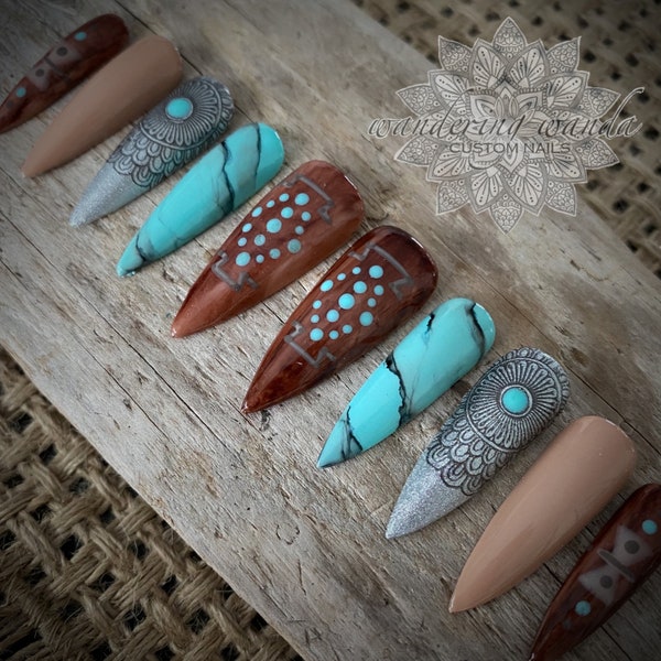 Western Boho Nails - 10pc | Western Nails | Country Nails | Festival Nails | Cowgirl Nails | Reusable Nails | Press On Nails