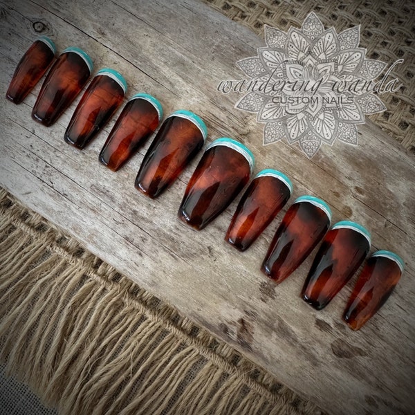 Turquoise Tortie - 10pc | Turquoise Nails | Tortoise Shell Nails | Luxury Nails | Sheer Nails | Reusable Nails | Press On Nails