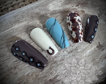 Whirlwind - 10pc | Western | Cowprint | Horseshoe | Turquoise | Press On Nails