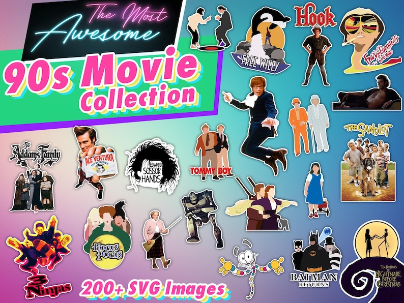 Może przedstawiać: Kolekcja naklejek z film&oacute;w z lat 90. z postaciami i scenami z popularnych film&oacute;w, takich jak Rodzina Addams&oacute;w, Ace Ventura, Edward Nożycoręki, Free Willy, Hook, Goonies, Hocus Pocus, Batman Returns i Koszmar przed świętami. W obrazie znajduje się r&oacute;wnież tekst "The Most Awesome 90s Movie Collection" i "200+ SVG Images".