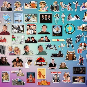 Może przedstawiać: Kolaż naklejek z film&oacute;w przedstawiających postacie i sceny z popularnych film&oacute;w, takich jak Jurassic Park, Kr&oacute;l Lew, Hook i Happy Gilmore. Naklejki znajdują się na jasnoniebieskim tle.
