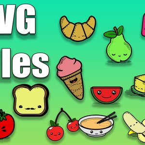 May include: A collection of 10 colorful cartoon food SVG files. The images include a croissant, pear, popsicle, ice cream cone, bread, watermelon, butter, cherry, soup bowl, and banana.