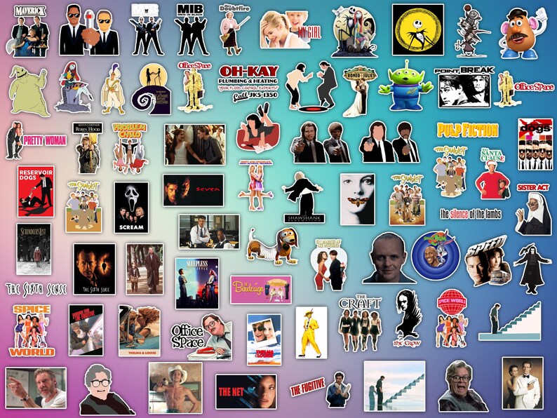 Może przedstawiać: Kolaż naklejek z tytułami film&oacute;w, w tym Pulp Fiction, Milczenie owiec, Siostra Act, Krzyk, Psy Rezervuarowe i wiele innych.