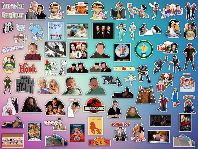 Może przedstawiać: Kolaż naklejek z film&oacute;w przedstawiających postacie i sceny z popularnych film&oacute;w, takich jak Jurassic Park, Kr&oacute;l Lew, Hook i Happy Gilmore. Naklejki znajdują się na jasnoniebieskim tle.