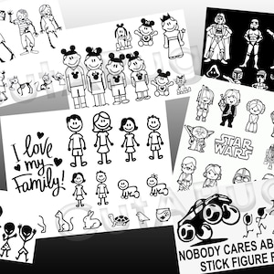 Pode incluir: Um conjunto de adesivos de família de figuras de pau em preto e branco. Os adesivos apresentam vários membros da família, incluindo pais, filhos, animais de estimação e um caminhão monstro. Os adesivos também incluem o texto "Eu amo minha família!" e "Ninguém se importa com sua família de figuras de pau."