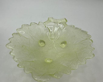 Gillinder “Leaf” Vaseline Glow Berry Footed Trinket/Candy Dish