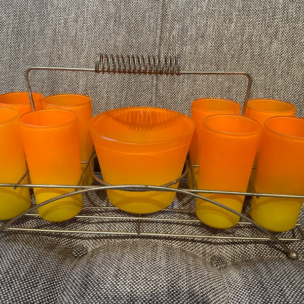 Blendo Orange Glass set 8 -1950's , Ice Bucket, and Rack