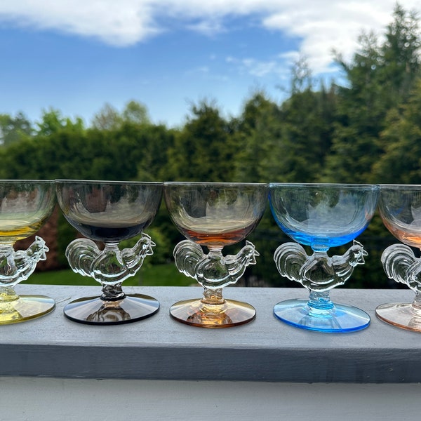 Vintage Morgantown MultiColor Chanticleer Collectible Rooster Cocktail Glasses - Set of 5