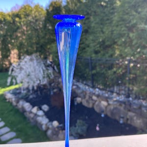 Signed Art Glass Vase “Young & Constant” Cobalt Blue Iridescent Pulled Stem Vase Hand Blown Studio Glass 13” Tall Elegant Statement Piece
