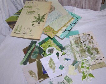 Mixed media creative set with fresh green accents; 50 pieces of real vintage material