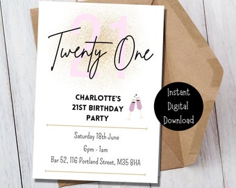 May include: A pink and gold 21st birthday party invitation with the text "Twenty One" in black script. The invitation includes the details of the party, including the date, time, and location. The text "Instant Digital Download" is also included in the image.