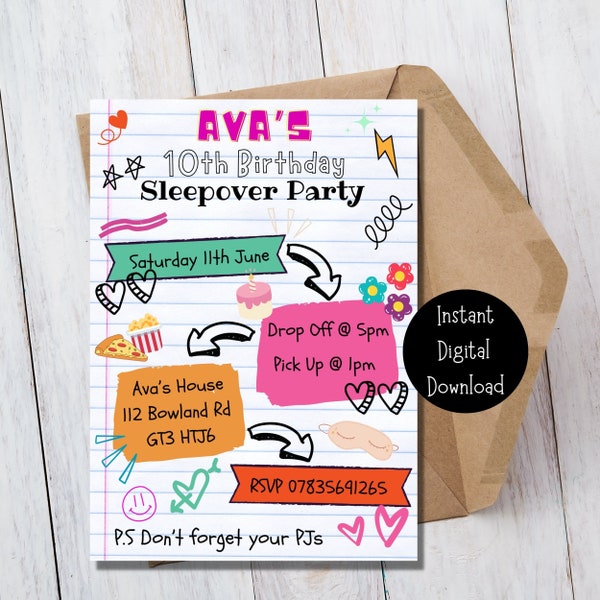 Sleepover Party Invite | Birthday | Editable Template | Birthday Party | Slumber Party | Digital Download