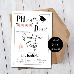 PhD Doctor Afstudeerfeestje uitnodigen | Bewerkbare sjabloon | Gepersonaliseerd | Digitale download | Doctoraat | Afstudeerfeest | Klasse van 2024