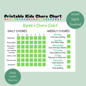 Editable Children’s Chore Chart | Printable | Kids Chore List | Responsibility Chart | Digital Download | Daily Chores | Weekly Chores