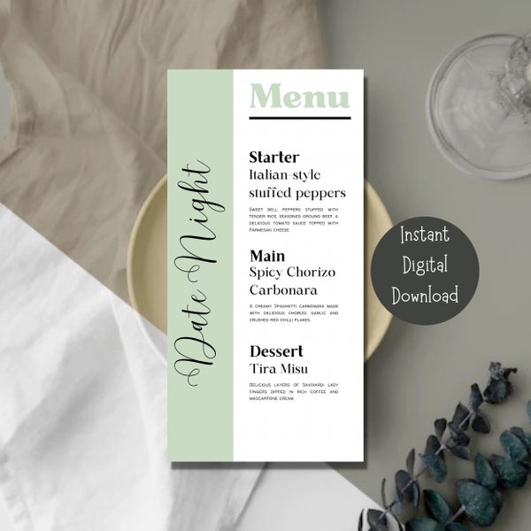 Sjabloon voor dinermenu | Bewerkbaar | Gepersonaliseerd menu | Datum nacht | Verjaardagsdiner | Dinerfeest | Speciale gelegenheid | Feestdecoratie |