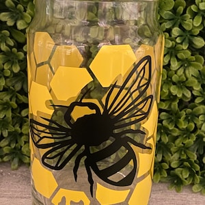 Bee and Honey cup | Beer Can Glass | Iced Coffee Cup | Coffee Glass | 16 Oz Glass | Bee Glass | Honey Cup