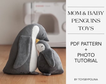 May include: A PDF pattern and photo tutorial for sewing a mom and baby penguin plush toy set. The pattern includes instructions for making both a larger penguin and a smaller baby penguin.