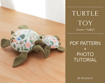 May include: A PDF pattern and photo tutorial for sewing a turtle toy. The pattern includes instructions for making two turtles, one larger and one smaller, with a floral fabric design. The text on the image reads "TURTLE TOY (mom + baby) PDF PATTERN + PHOTO TUTORIAL BY POLINA P."