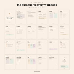May include: A workbook titled "the burnout recovery workbook" with 24 pages and 4 parts. The cover and pages are light beige with black text and pastel color blocks. The text "a gentle return after the well runs dry" is also included.