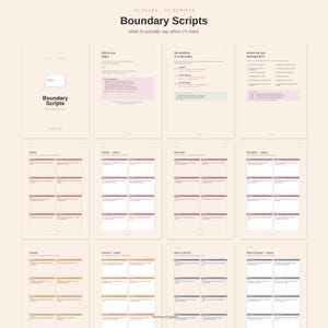 May include: A digital product titled "Boundary Scripts" with 16 pages and 32 scripts. The cover features the title in a modern font. The pages have a light beige background with pink, green, and yellow accents. The text reads "what to actually say when it's hard."