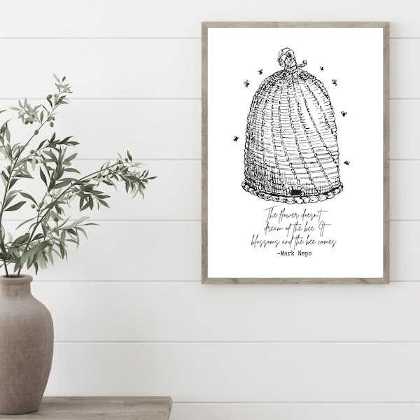 Bee Skep Print, Black and White Print, Quote Print, Digital Download, Primitive Print, Illustration Print, Quote Wall Art, Digital Quote