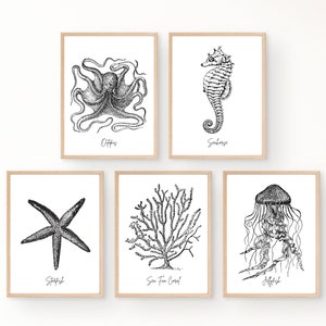 Black and White Prints, Under the Sea Prints, Digital Prints, Digital Wall Art, Minimalist Print Set, Ocean Print Wall Art, Nautical Prints